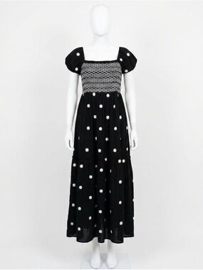 RD Style Black Midi/Maxi Dress with White Daisy Embroidered Appliqué 100% Cotton